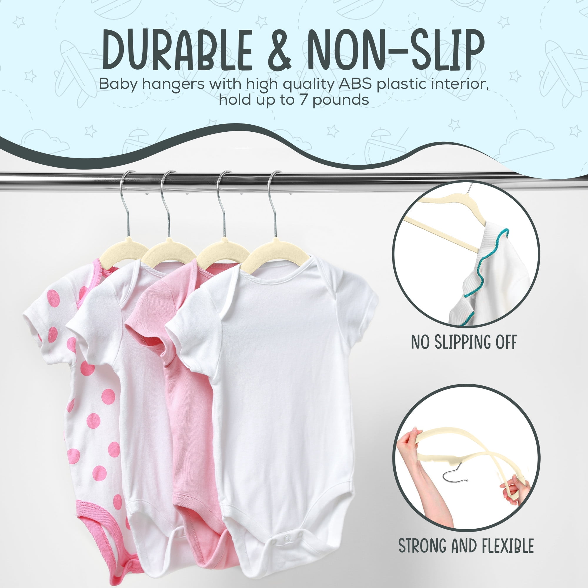 Techzoo Premium Baby Velvet Hangers 55 Pack – 11.8" Non Slip Felt Cloth Hangers for Closet – Ultra Slim, Space Saving Baby Clothes Hangers with 360° Swivel Hook Infant Hangers – Beige