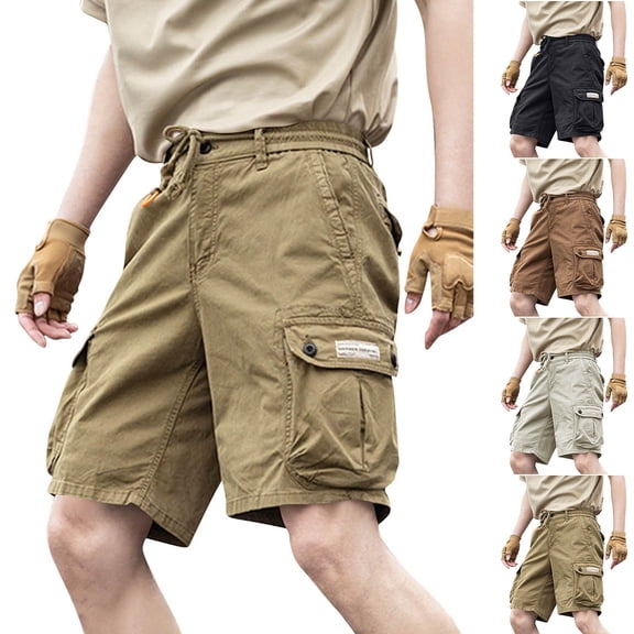 Men's 100% Cotton Cargo Shorts Workwear Multi Pocket Shorts Elastic Belt Relaxed Fit Casual Summer Hiking Shorts Big and Tall Size XS-3XL Khaki