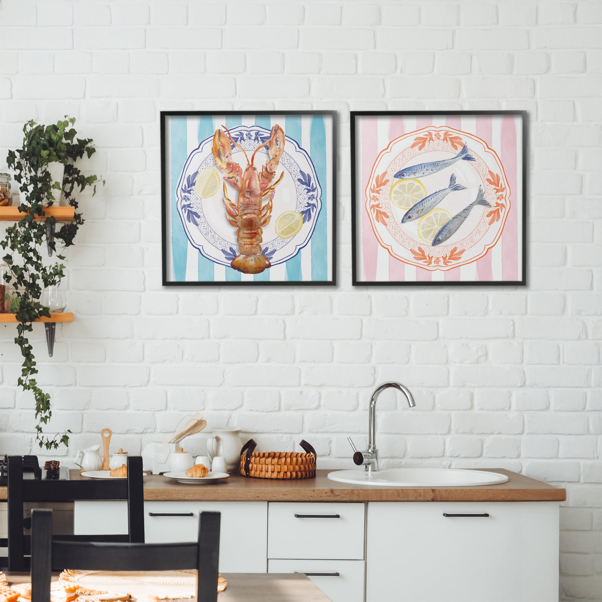 Stupell Industries Lobster & Sardines Plates 2 Piece Black Framed Giclee Art Set, design by Christie Adams