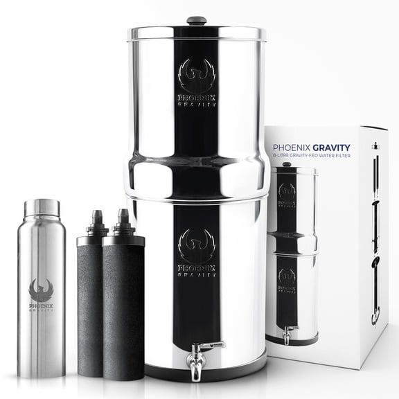 2.25 G Gravity Water Filter System ,Dual Carbon Filtration ,NSFand ANSI 42 and 372 Certified, Removes 99.9% Lead, PFAS, Chlorine ,200+ Contaminants ,Countertop Stainless Steel Water Filter, Portable