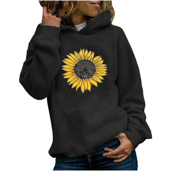 Clearance asdoklhq Long Sleeve T-Shirts for Women,Women's Casual Hoodies Jumper Tops Sunflower Print Sweatshirt Hooded Sweater