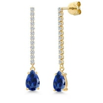 14K Yellow Gold Blue Created Sapphire and White Lab Grown Diamond Long Liner Dangle Earrings for Women | 2.58 Cttw | Gemstone September Birthstone | Pear Shape 8X5MM | White Gold Chain Drop Earrings