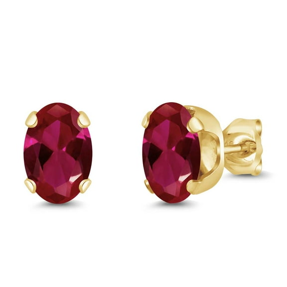 Gem Stone King 1.80 Ct Oval 7x5mm Red Created Ruby 18K Yellow Gold Plated Silver Stud Earrings for Women Men