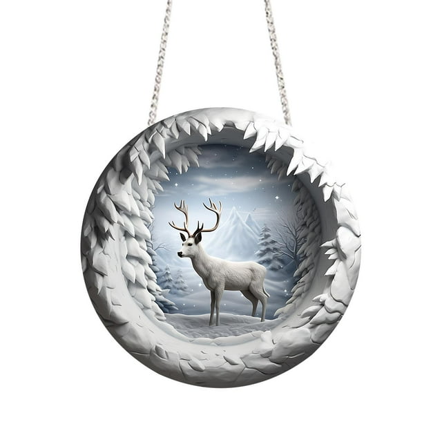 C Round Acrylic Reindeer Hanging Sign For Christmas Decorations - Double-Sided Printed Design - Size 7.87 Inches - Includes Hook And Chain - Perfect For Wall Decor In Home Office - Weight