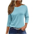 thumbnail image 2 of CLOISE Tops for Women Fall Fashion Striped Tops Crew Neck 3/4 Sleeve Shirts Comfy Basic Blouses Y2k Outfits Light Blue 2XL, 2 of 5