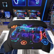 Feelyou Cartoon Red Gamepad Twin Bedding Sets 7-Piece for Kids, Neon Square Honeycomb Bedding Comforter Set, Modern Video Gaming Reversible Sheet Sets, Microfiber Bedroom Decor