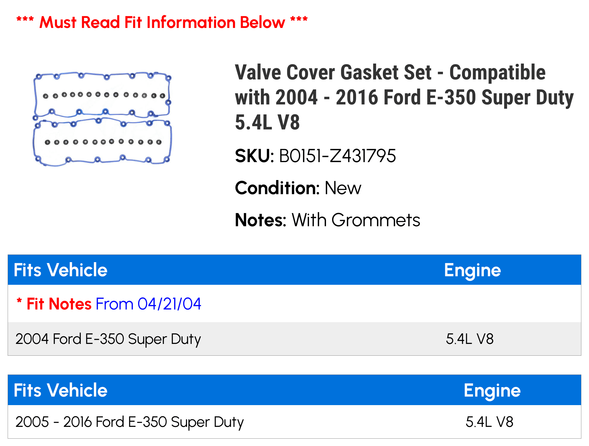 Valve Cover Gasket Set - Compatible with 2004 - 2016 Ford E-350 Super Duty 5.4L V8 2005 2006 2007 2008 2009 2010 2011 2012 2013 2014 2015