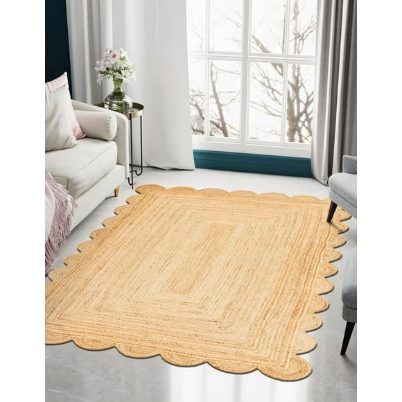 Aizza Trends 3x4 Ft Natural Jute Natural Scalloped Jute Rug – Eco Handcrafted Braided Mat for Living Room Carpet, Bedroom & Entryway