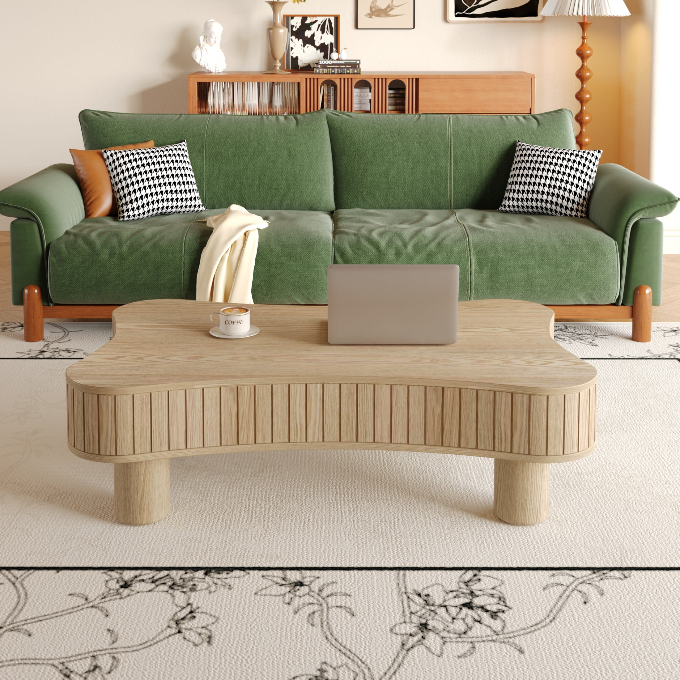 Noble House Lift Top Coffee Table for Living Room 42" - Fluted Panel Hidden Storage, Silent Hydraulic Lift, Curved Safety Corners, Natural Wood