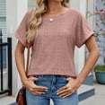 thumbnail image 5 of Htigea Womens Tops Summer Casual Crew Neck Short Ruffle Sleeve T Shirts Loose Fit Eyelet Hollow Out Blouse Fall Savings Pink,M, 5 of 5