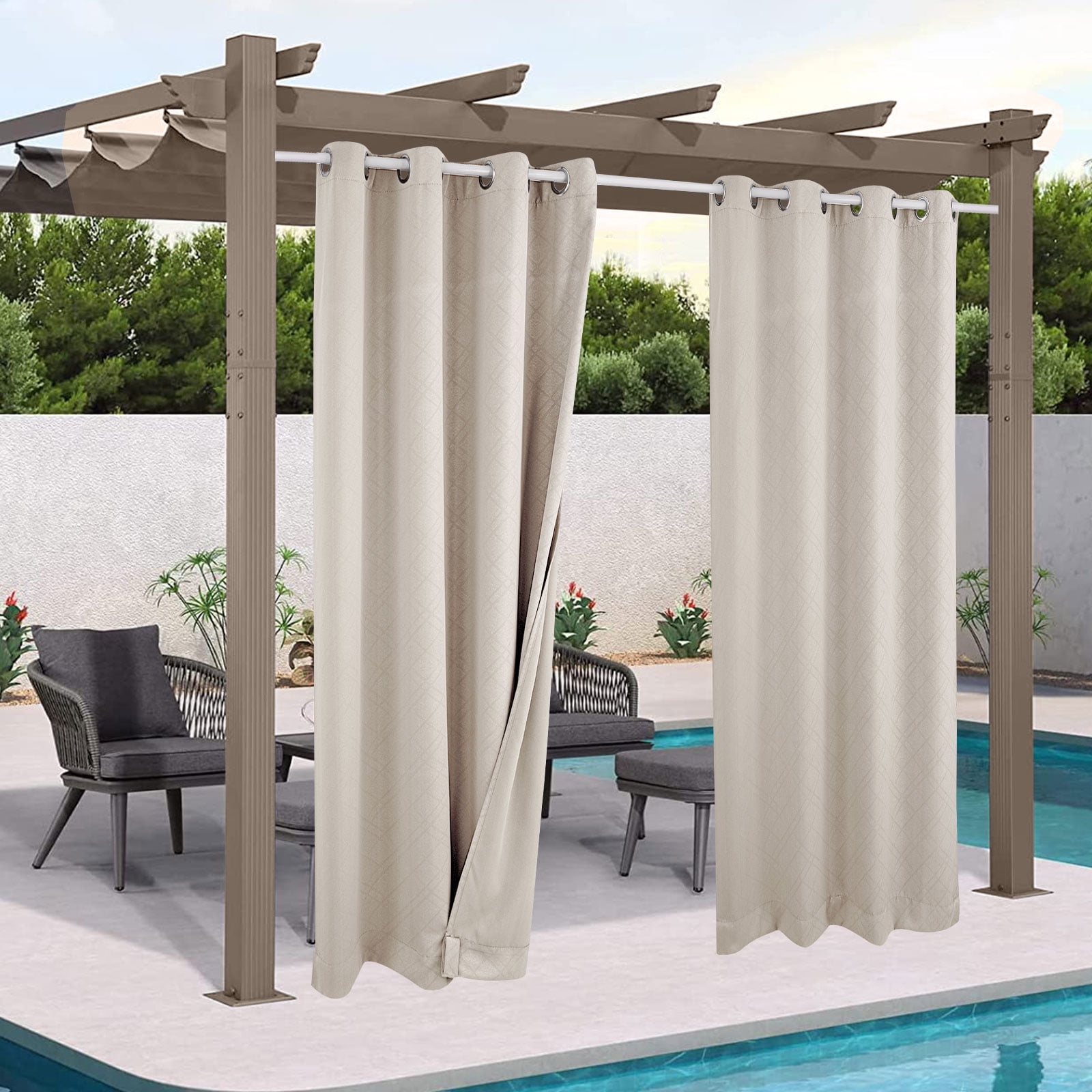 SHANNA Outdoor Curtains, Waterproof Windproof UV Protection Blackout Curtains with Eyelets, 3D Textured Pattern for Garden, Pergola, Balcony, Creamy Beige, 52 X 84 inch