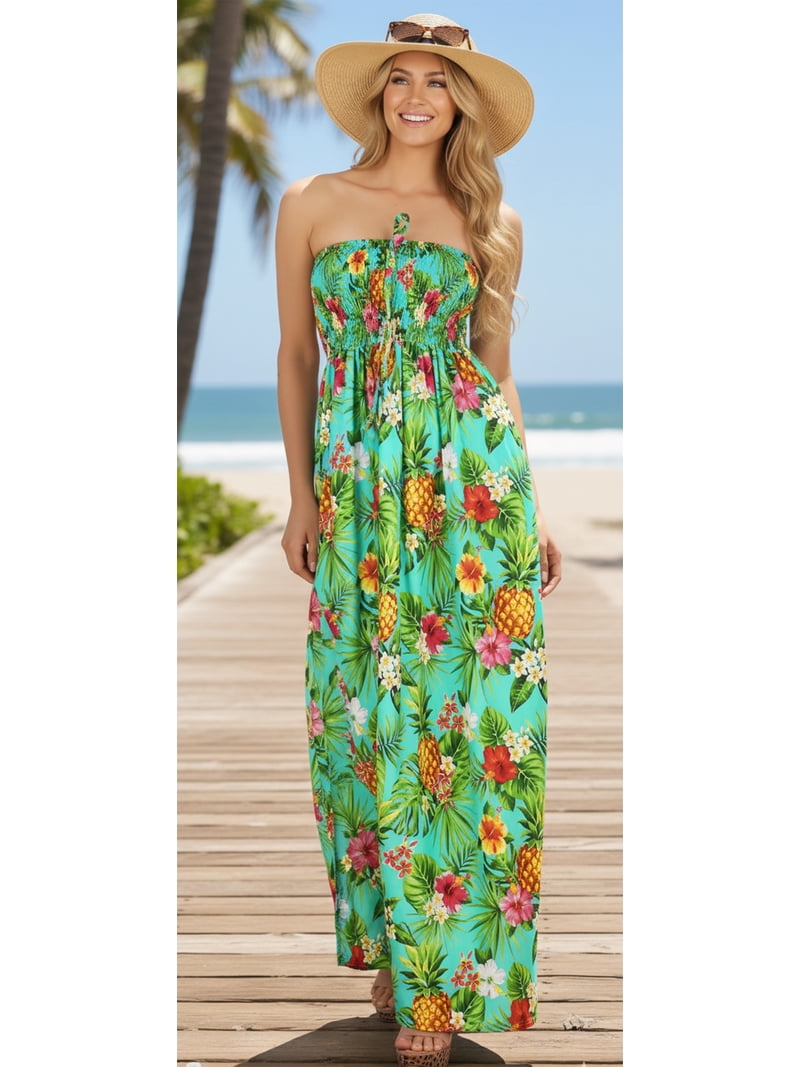 LA LEELA Women's Bandeau Maxi Dress Daily Evening Wear A line Slit Maxi Dress Smocked Top Evening Tube Dresses for Women One Size Green, Tropical