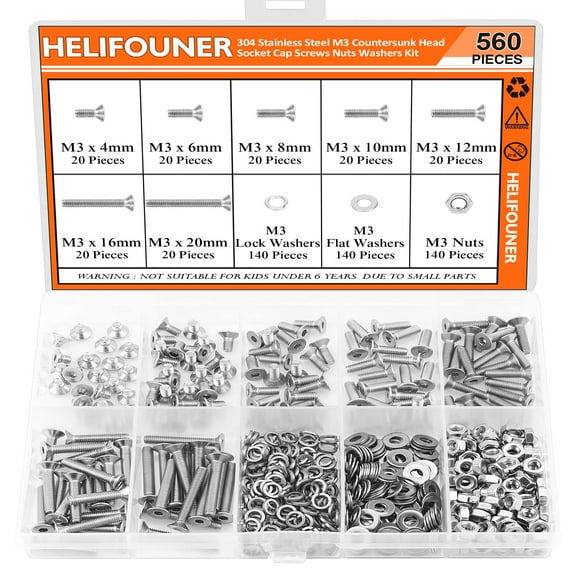 HELIFOUNER 560 Pieces M3 x 4mm /6mm /8mm /10mm /12mm /16mm /20mm, Countersunk Head Socket Cap Screws Bolts Washers Nuts Kit, 304 Stainless Steel
