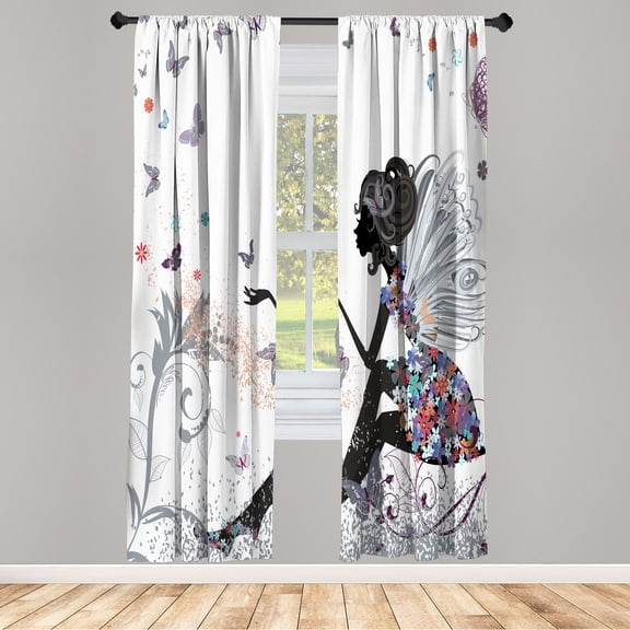 Ambesonne Fantasy Curtains, Spring Wings Floral Print, Pair of 28"x84", Taupe Grey