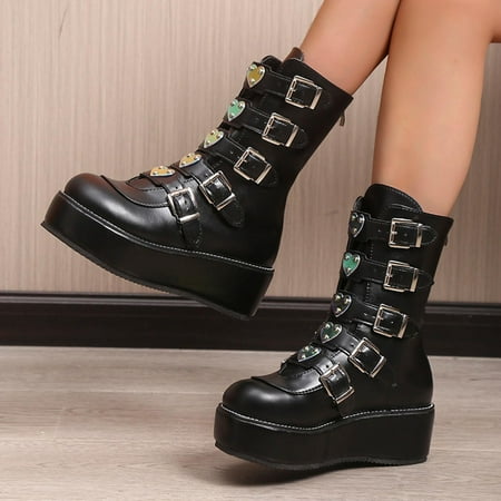 

Tejiojio Fall Clearance Women Boots Retro Flat Bottom Shoes Casual Boots Plus Size Mid Calf Zipper Boots