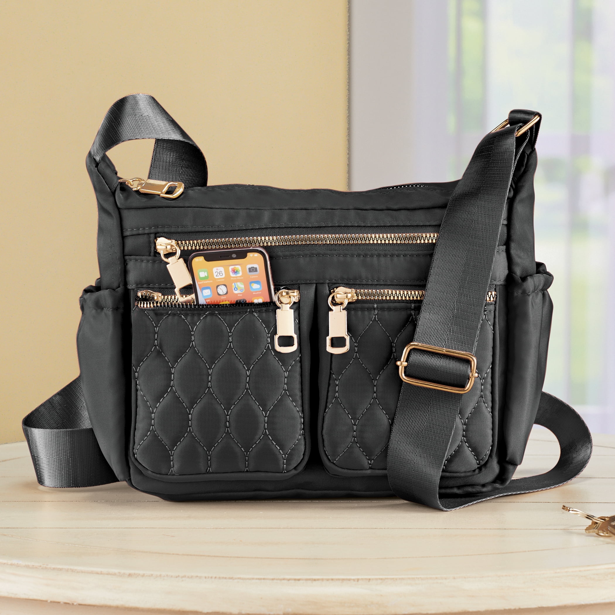 ★OY★ DOUBLE POCKETS PADDED CROSS BAG - BLUE★正規品/送料込 Collections Etc Nylon Cross-Body Handbag, Adjustable Strap