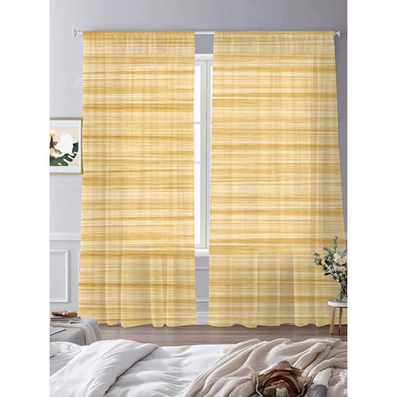 Abstract Yellow Striped Textured Chiffon Sheer Curtains 84 Inches Long Neutral Aesthetic Rod Pocket Window Curtains Voile Drapes Curtains for Living Room Bedroom,2 Panels