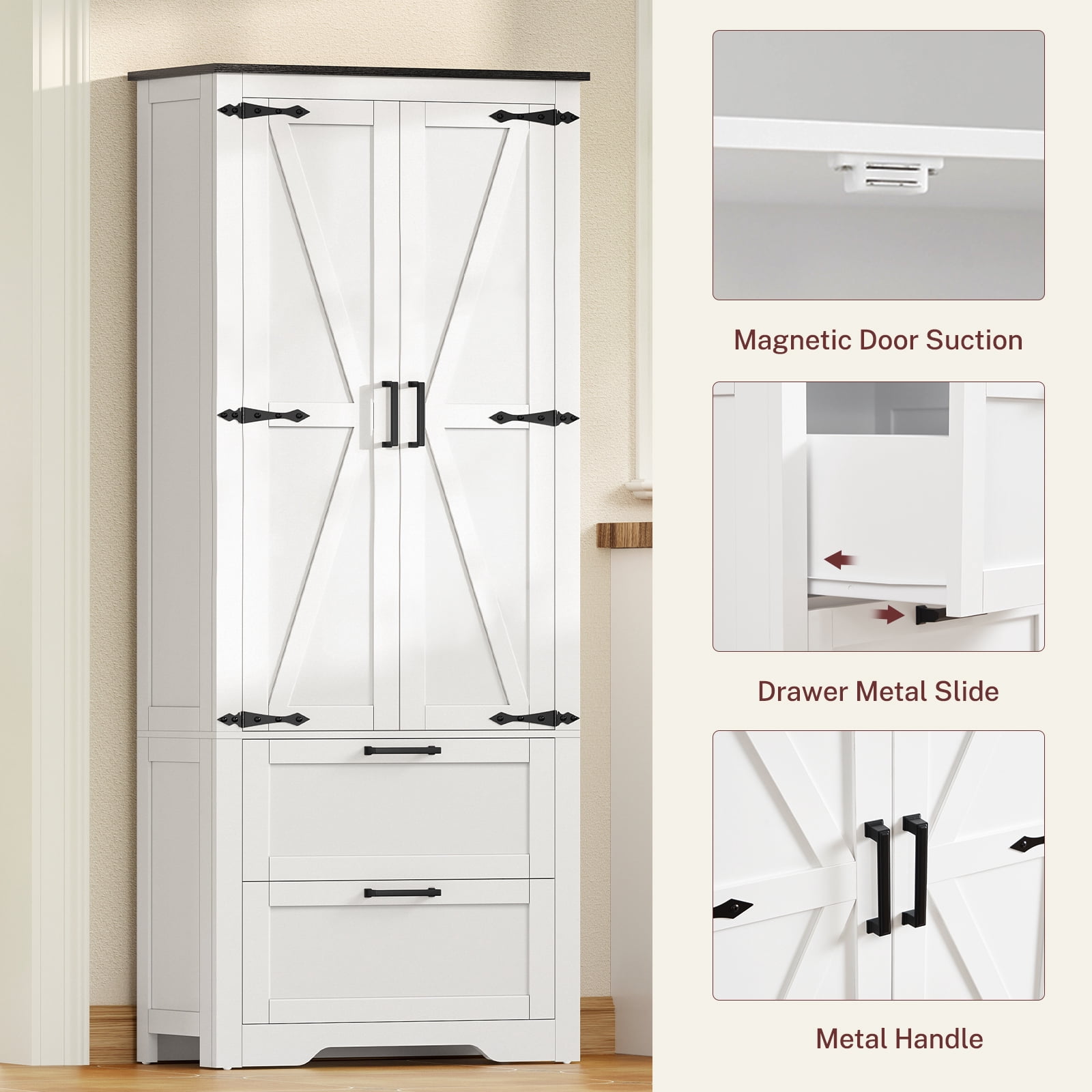 TEENFON 66.2" H Storage Cabinet with 2 Drawers, Farmhouse Kitchen Pantry Cabinet with 2 Doors & Adjustable Shelf, Handbag Storage Organizer, for Living Room, Kitchen, Bedroom, White