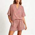 thumbnail image 5 of Karymi 2 Piece Sets for Women 2-Piece Striped Set, V-Neck Elbow Sleeve Loose Top + Elastic Waist Rolled Shorts, Casual Summer Loungewear & Beach Outfit Rompers for Women, 5 of 6