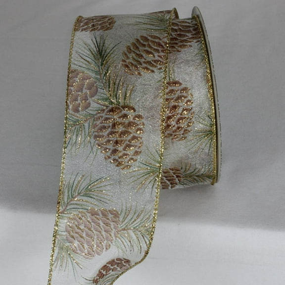 The Ribbon People Brown and Green Pine Cone Wired Craft Ribbon 2.5" x 20 Yards