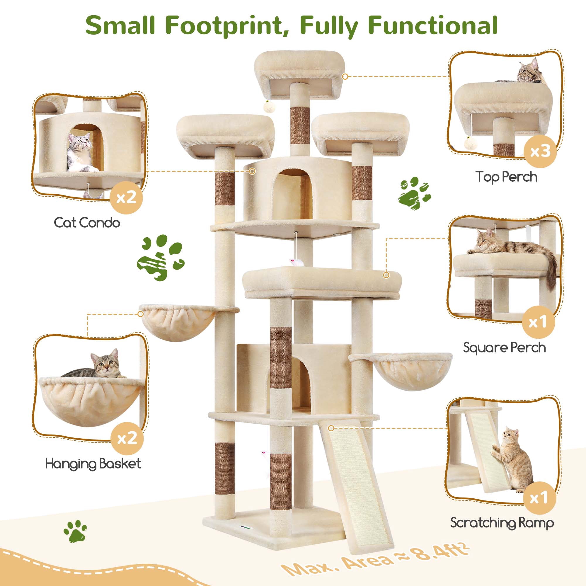 Globlazer 80in Heavy Duty Cat Tree for Large Cats, Multi-Level Cat Furniture Activity Center with 2 Condos,Hammocks,Perches & Sisal Scratching Posts,Beige