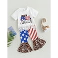 thumbnail image 3 of Bagilaanoe 4th of July Clothes for Toddler Baby Girls Short Sleeve Letter Print T-shirt Tops + Striped Leopard Flare Trousers 6M 12M 18M 24M 3T 4T Kids Independence Day Outfits 2pcs Long Pants Set, 3 of 9