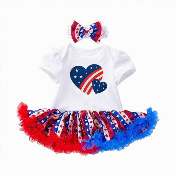 felwors 4th of July Baby Girl Outfit Romper Tulle Skirt Headband Shoes 3Pcs Set (White)