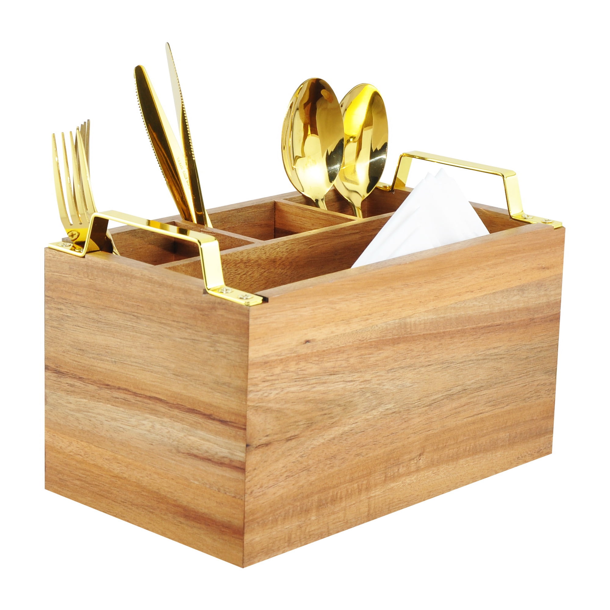 DUCIHBA Cutlery Flatware Caddy - 3 Part Utensil Holder - Metal Handle for Kitchen Counter - Wood Brown - 10 W x 6 D x 6.5 H