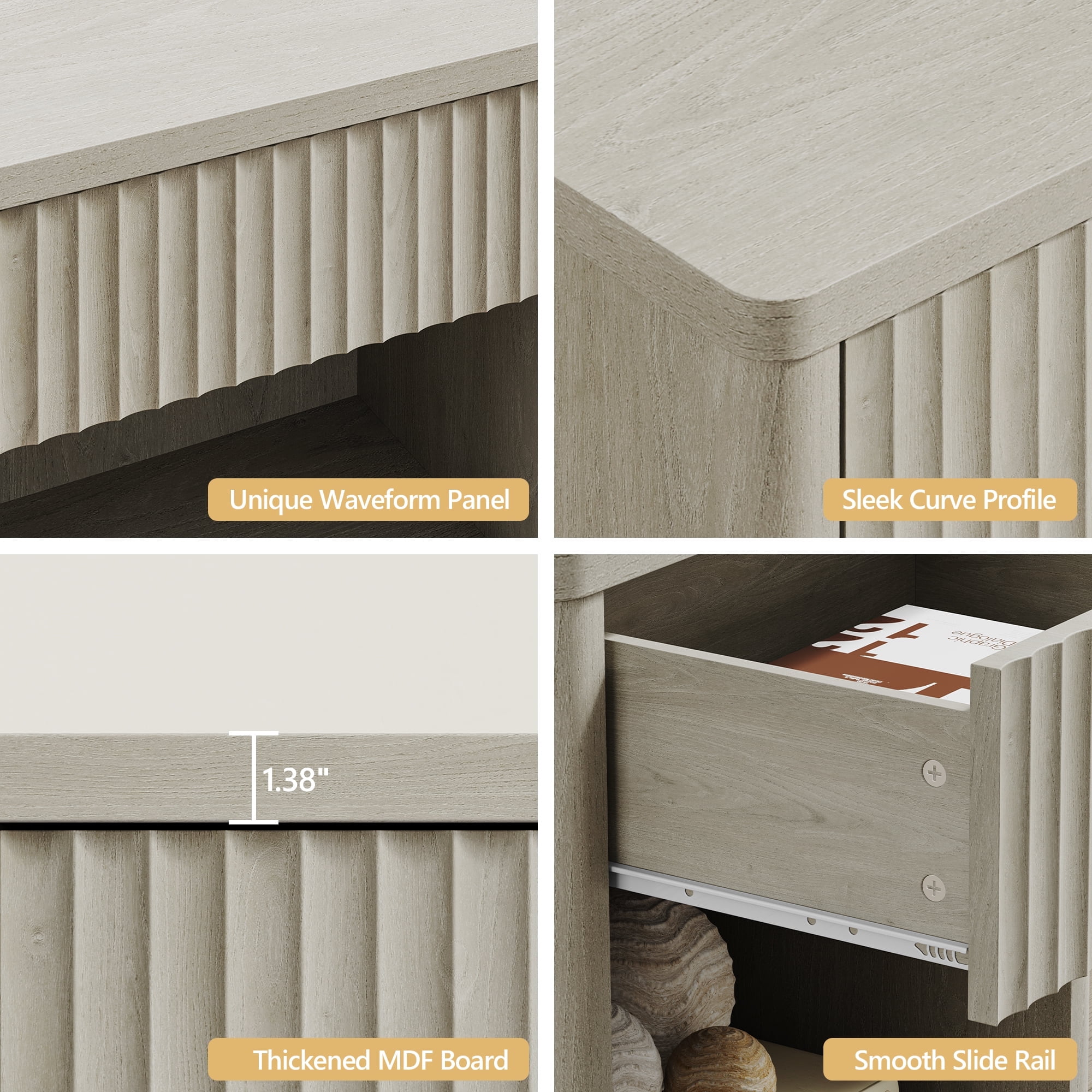 SICOTAS Fluted Nightstands for Bedroom Set of 2, Farmhouse Bedside Tables with Drawer & Open Shelf,  Wood End Table for Living Room in Light Grey
