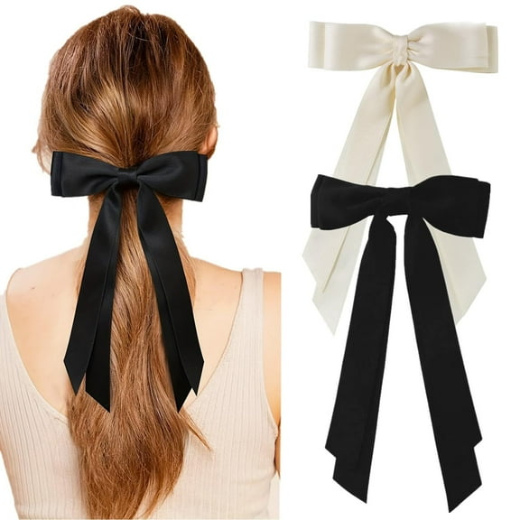 LQQBOX 2 Pcs Silky Satin Hair Ribbon Bow Ponytail Holder Hair Clips - Beige Black Hair Bows with Long Tail for Girls Birthday Gift - Hair Bow Barrettes Clips for Women Teens