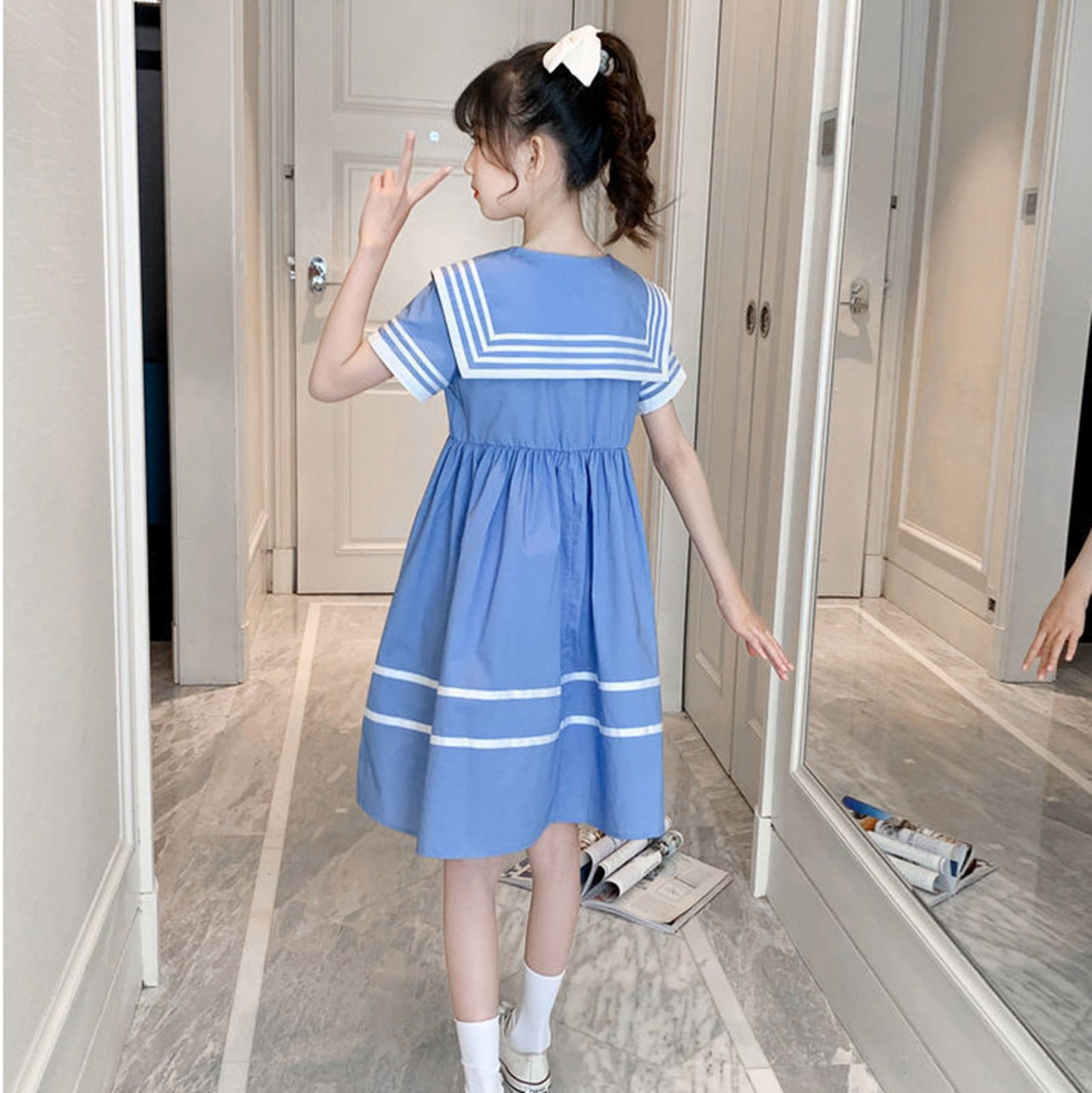 Kid Girl Off Shoulder Bowknot Design Striped Splice Short-sleeve Dress