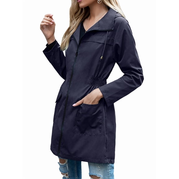 Women Waterproof Light-Weight Rain Jacket Active Outdoor Hooded Long Sleeves Raincoat with Zipper Navy Blue L