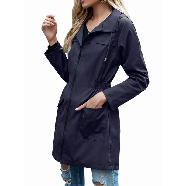 Chaqueta Impermeable Ligera para Mujer, con Capucha, Mangas Largas y Cremallera, para Actividades Al Aire Libre Azul Marino S
