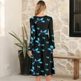 thumbnail image 4 of WTOBBY Women's Fashion Loose Retro Printed Round Neck Dress Casual Long Sleeve Vintage Style Daily Wear with Unique Pattern,Dark Blue M, 4 of 5