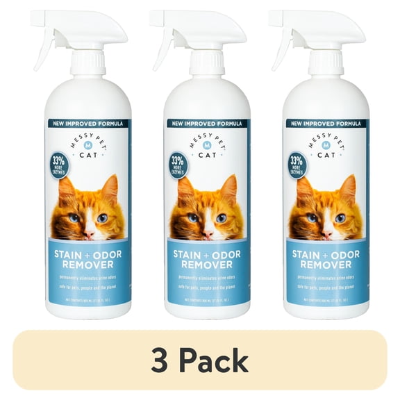 (3 pack) Messy Pet Cat Stain + Odor Remover Cleans Urine Smells from Carpet, Couch, Mattress - 27 oz