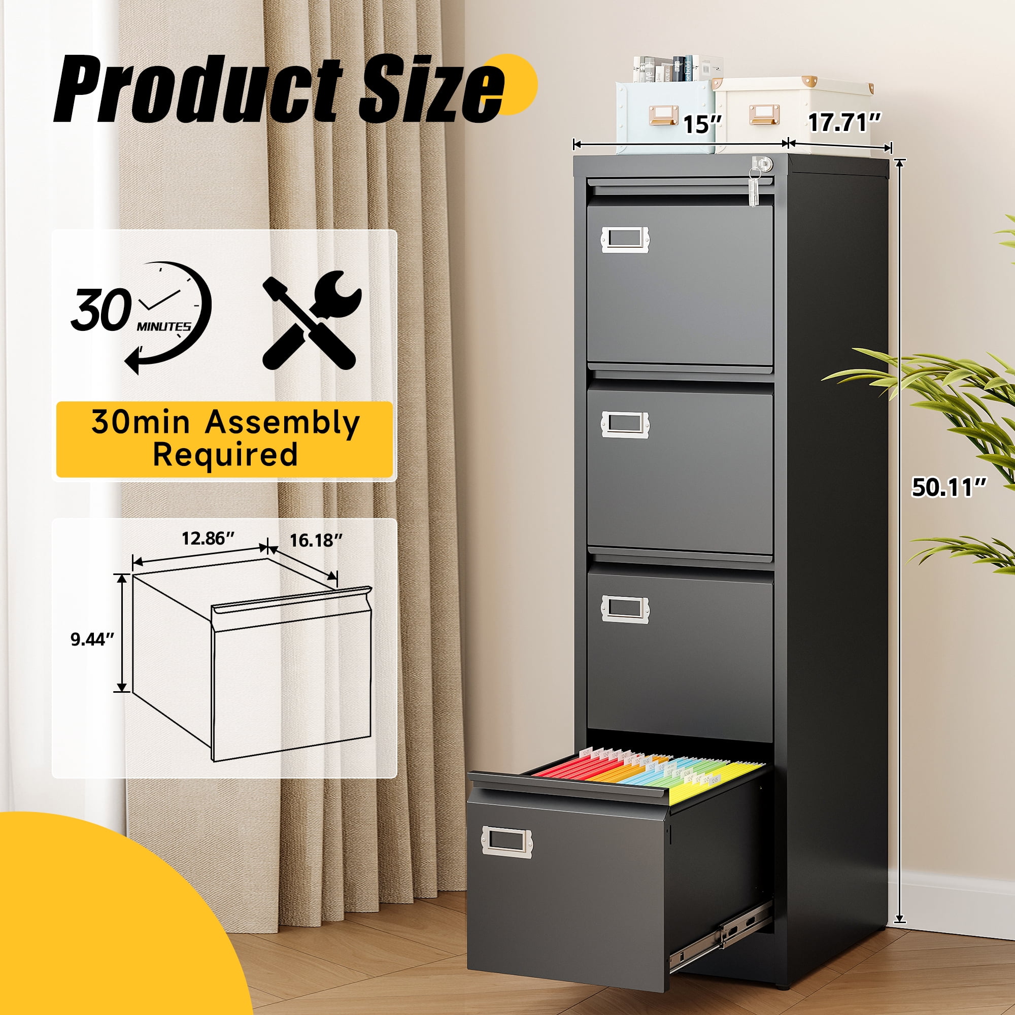 AUHUP 4 Drawer Metal File Cabinet with Lock, Black Vertical Filing Storage Cabinet for Home Office