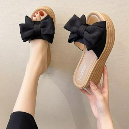 

Egmy Women Bowknot Beach Summer Slippers Platform Slope Heels Plus Size Shose