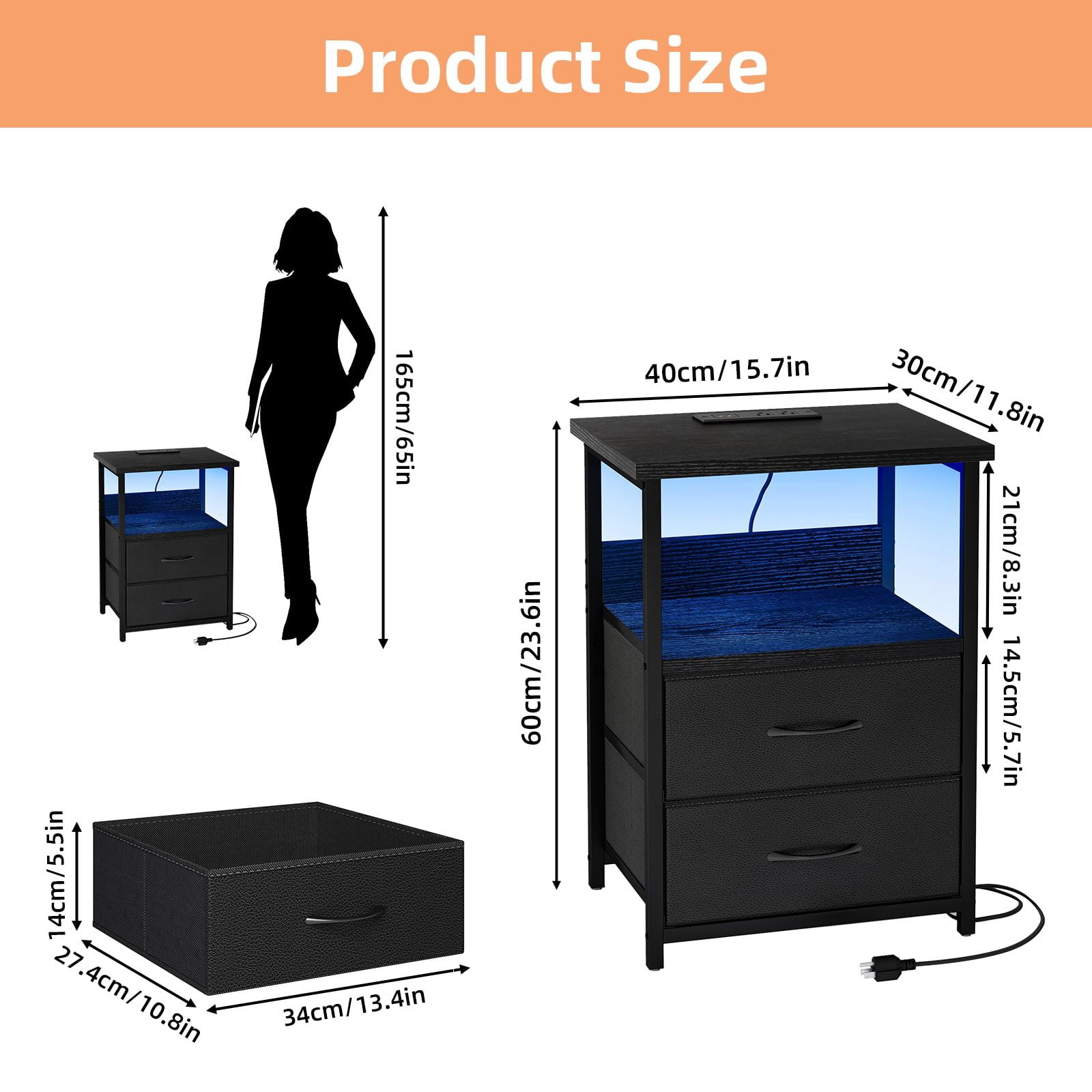 RGB LED Nightstand with Charging Station, 2 Fabric Drawers and Open Shelf, Particle Board and Steel Frame Bedside End Table for Bedroom