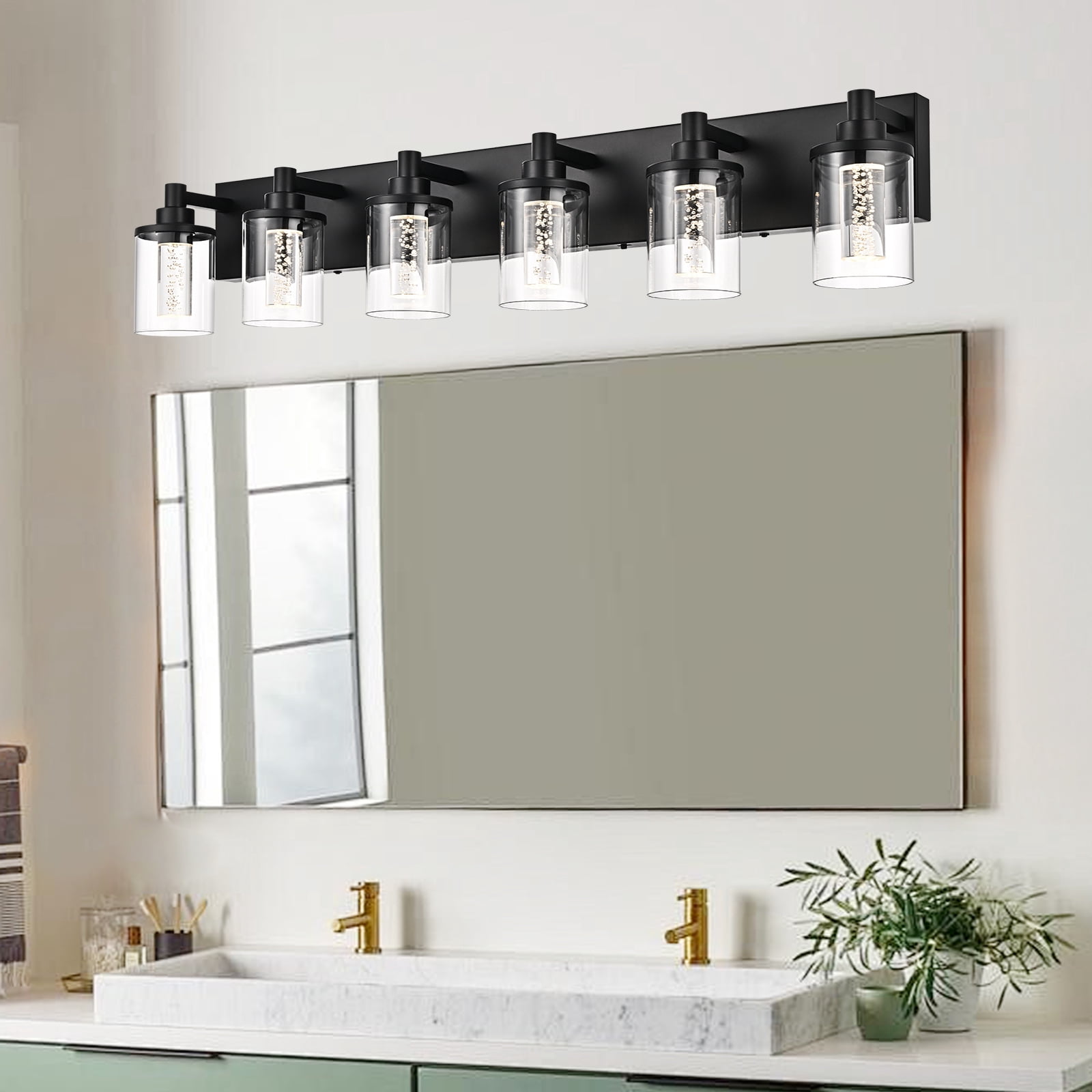 Melucee 5CCT Dimmable LED Black Vanity Lights 6-light, Modern Vanity Lighting Fixtures with Crystal Light Columns and Clear Glass for Bathroom Bedroom