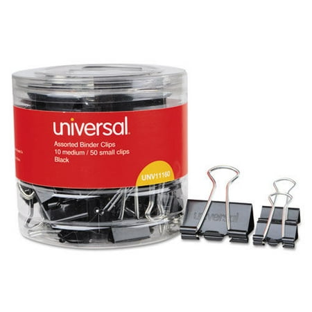 Universal UNV11160 Binder Clips in Dispenser Tub - Assorted Sizes, Black/Silver (60/Pack)
