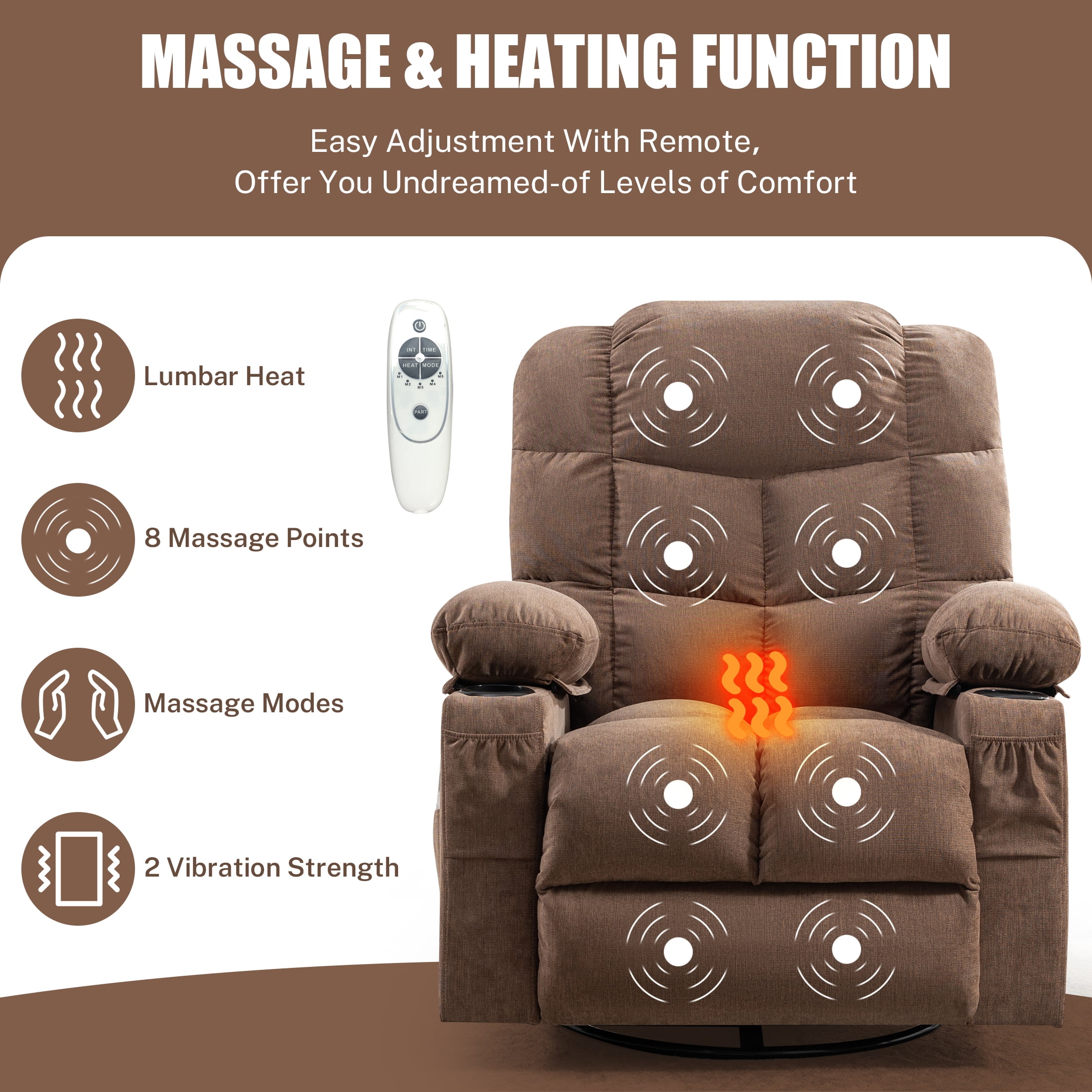 Sesslife Swivel Rocker Recliner Chair with Heat and Vibration Massage, Manual Fabric Lounge Chair with Side Pockets, 2 Cup Holders, USB Charge Port, Single Sofa Chair for Bedroom Theater, Brown