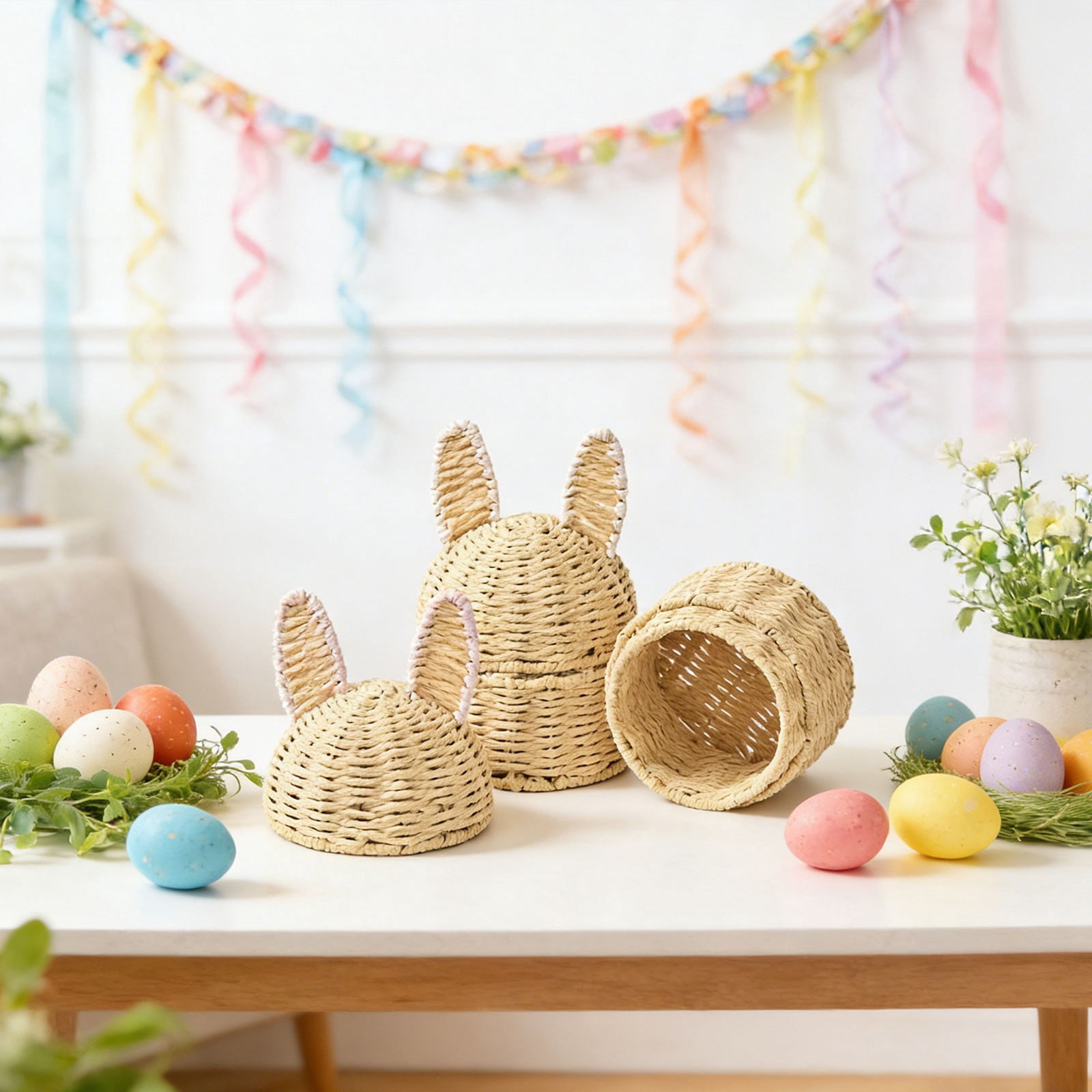 HCTSHG Easter Bunny Woven Basket Cute Rabbit Basket Multi-Purpose Storage Organizer for Home Nursery Picnic and Sundries, Woven Storage Basket Holiday Egg Decor Basket Home Desktop