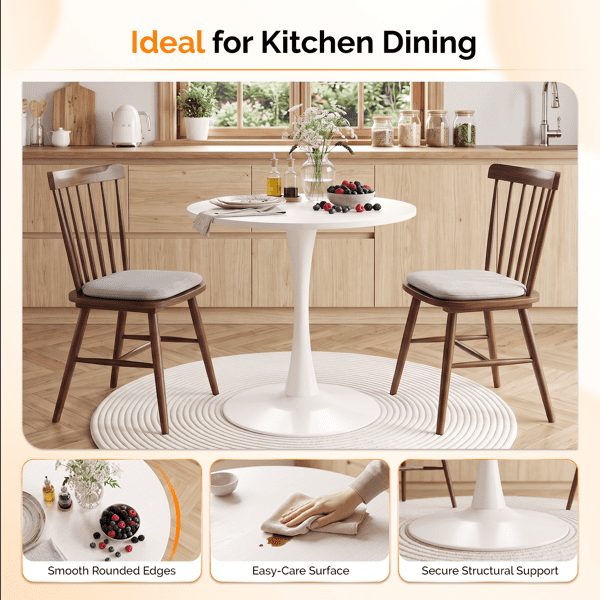 Round Tulip Dining Table, 27.6 Inch Circular Kitchen Table for 2 People, Melamine Laminated MDF Tabletop with Metal Pedestal Base, Easy Assembly Breakfast Table for Dining Room, Apartment, White