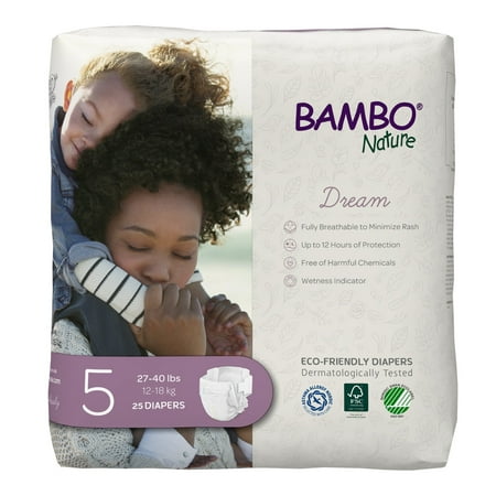 Bambo Nature Dream Baby Diapers - Disposable, Eco-Friendly - Size 5, 27-40 lbs, 25 Count, 6 Packs, 150 Total