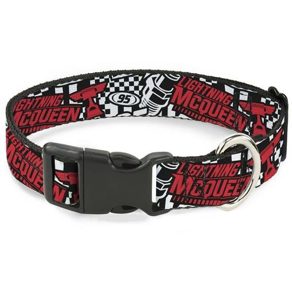 Disney Pet Collar, Dog Collar Plastic Buckle, Cars Lightning McQueen Racing Collage White Black Red, 7 to 8.5 Inches 0.5 Inch Wide