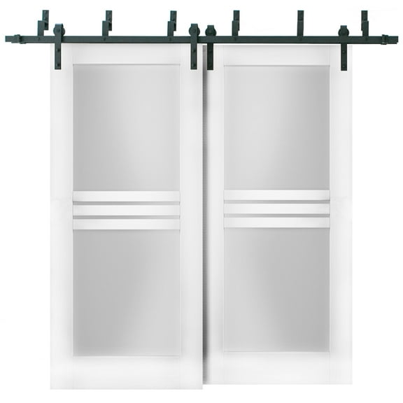 Sliding Closet Opaque Glass 4 Lites Barn Bypass Doors 72 x 96 inches / Mela 7222 White Silk / Modern 6.6ft Rails Hardware Set / Wood Solid Bedroom Wardrobe Doors
