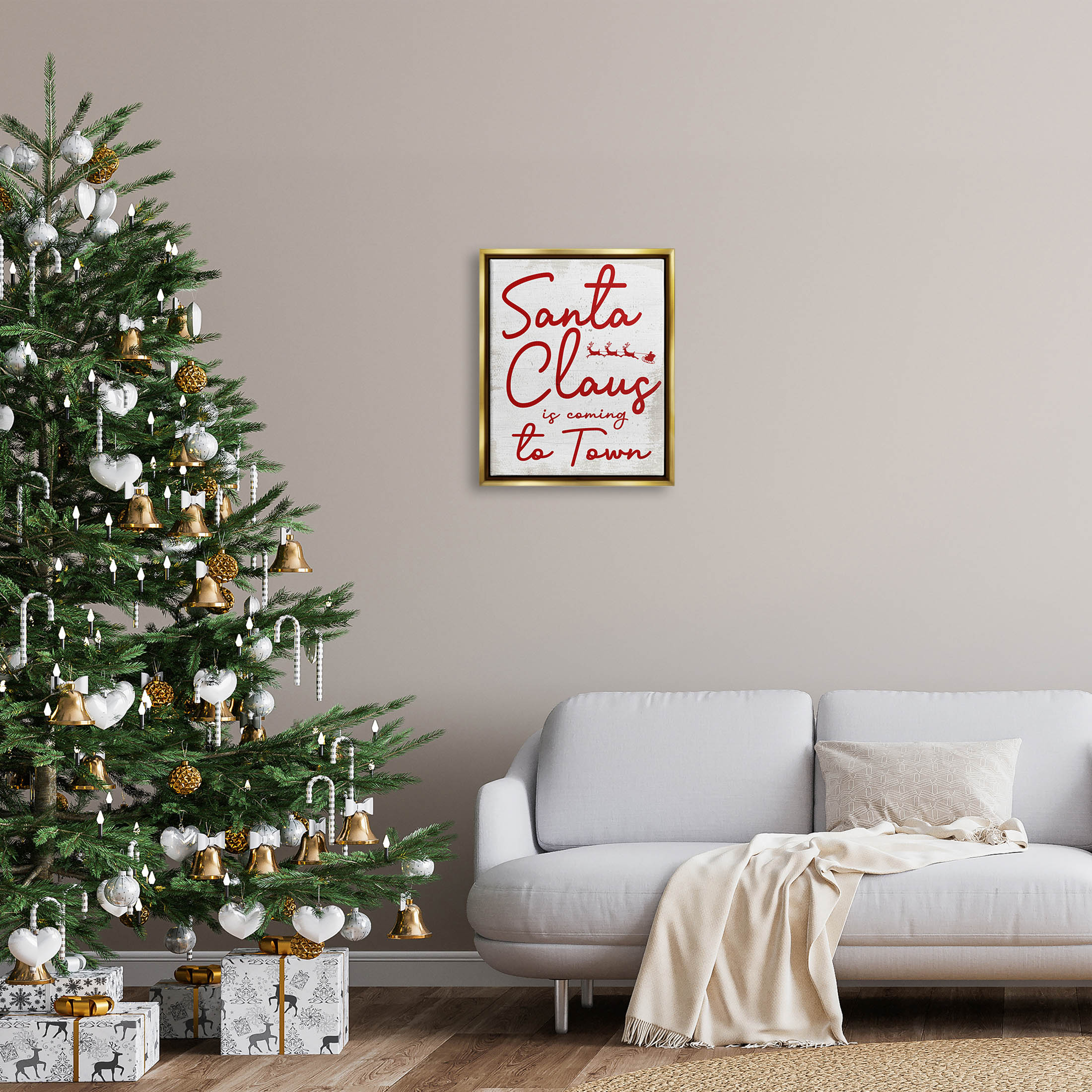 Santa Claus Coming to Town Phrase Holiday Graphic Art Metallic Gold Framed Art Print Wall Art