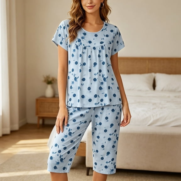 Gunia Womens Capri Pajama Sets Floral Print Pajama Short Sleeve Top And Cropped Pants Summer Soft Comfy Nightwear Outfit Soft Pajama Set For Women Sleepwear Pjs L-2Xl