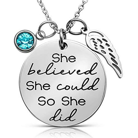 ''She Believed She Could So She Did'' Sayings Quote Pendant Charm Necklace, Jewelry Gift, Birthday, Graduation Presents for Daughter, Granddaughter, Girls Teens Women (Aqua Blue)