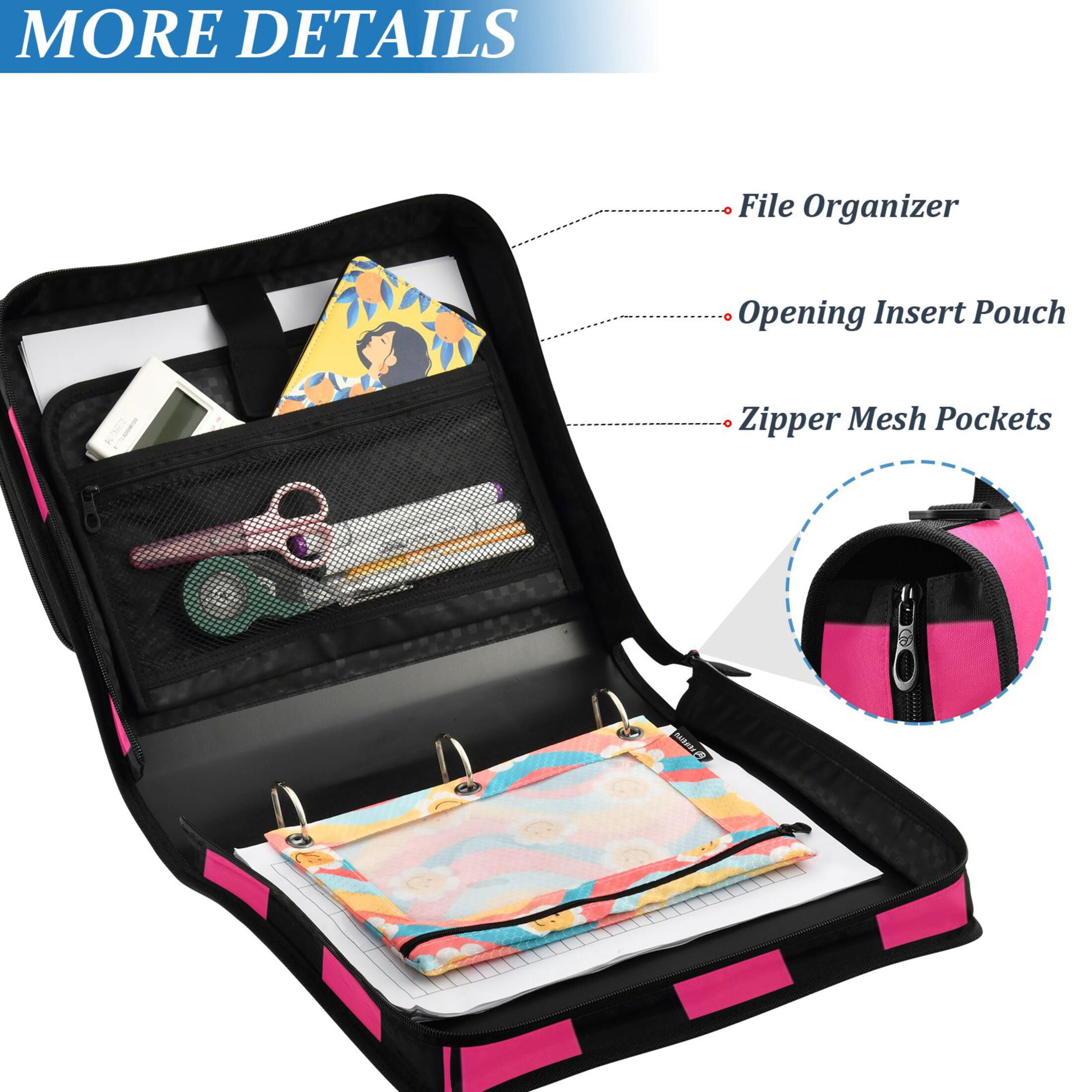 ALAZA Zipper Binder Pink and Black Stripe Pattern 3 Ring Trapper Keeper File Folder Organizer Bag